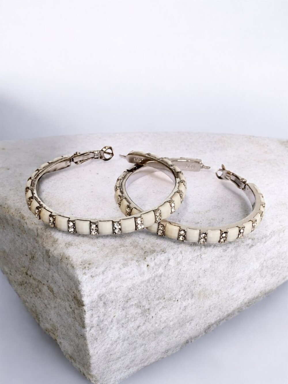Fifth Avenue Ivory Enamel Swarovski Crystal Hoop Earrings Sterling Silver Post
